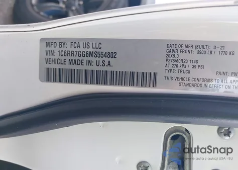 2021 Ram 1500 Classic z USA, uszkodzony, nr VIN 1C6RR7GG6MS554802